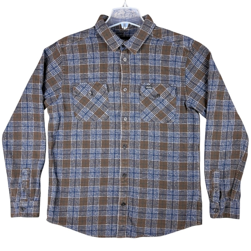 RVCA Mens M Plaid Flannel Button Down Shirt Brown Blue Regular Fit Skater Grunge